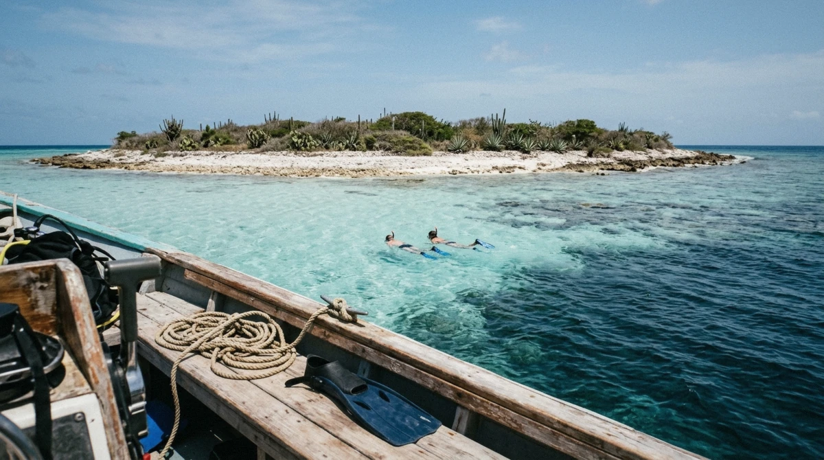 Uninhabited Klein Bonaire seen from a snorkel boat, the main destination of most Bonaire snorkeling tours