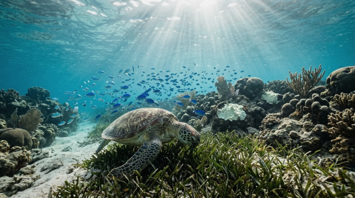 Green sea turtle grazing over seagrass with reef fish behind on a Bonaire snorkeling tour in the marine park